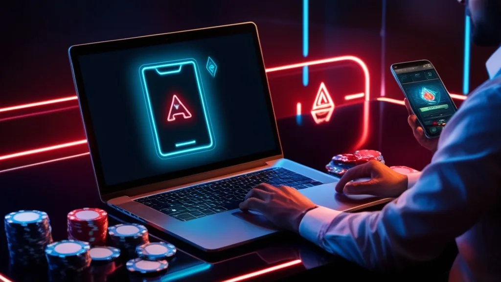 A phone and APK file displayed in a dark casino-inspired security scene