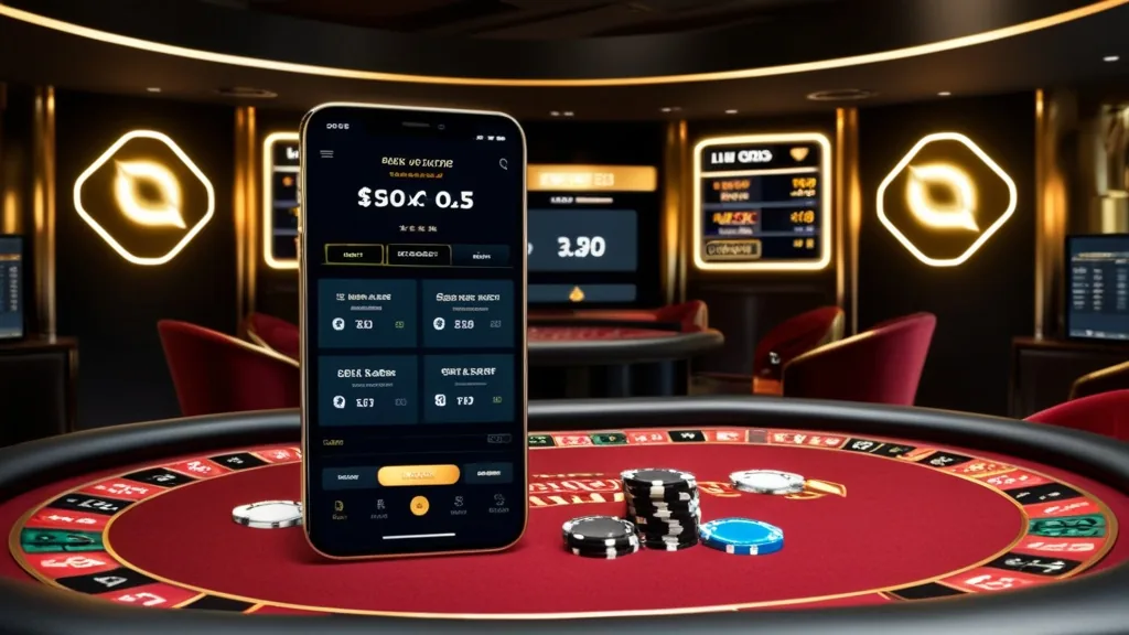 A smartphone displaying a mobile betting lobby in a dark casino environment