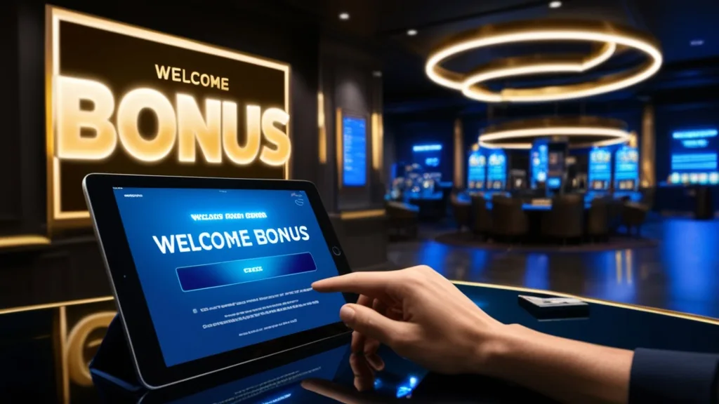 Casino lobby screen showing a welcome bonus banner and promo code field