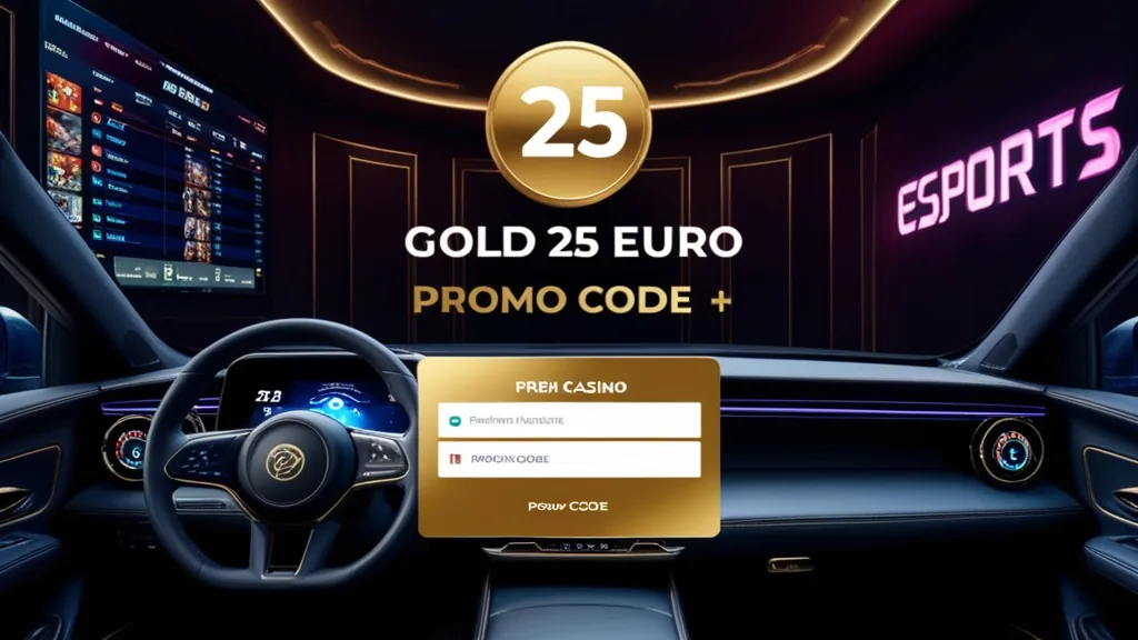 Promo code dashboard with a 25 euro bonus voucher in a dark casino scene