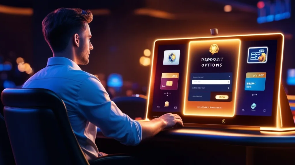 A casino cashier screen showing deposit methods and secure payment icons