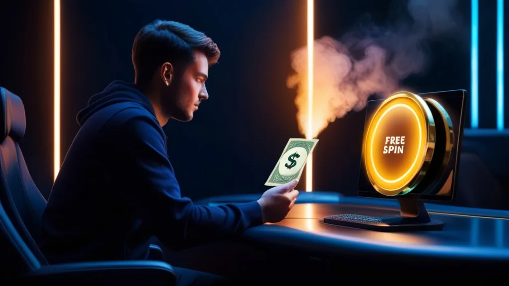 Player viewing a no deposit bonus voucher in a dark casino setting