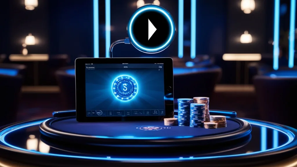 An iPhone and iPad showing app-style casino access in a dark neon setting