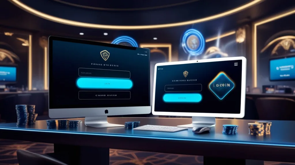 Casino login screen shown on a phone and desktop in a dark neon-lit setting