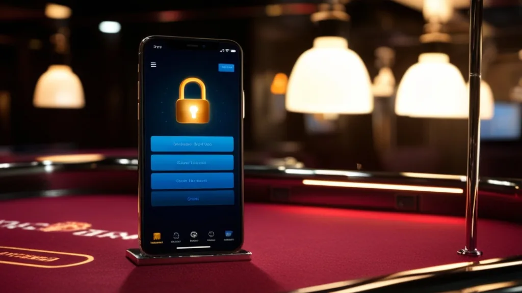A secure mobile login screen with account controls in a dark casino scene