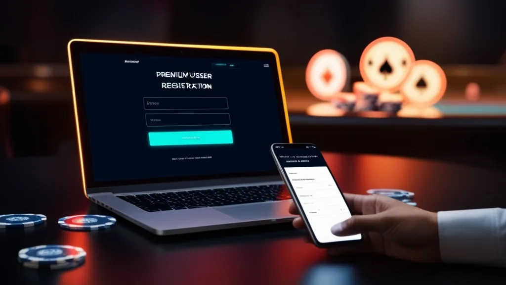 New account registration screen on laptop and phone in a dark casino-themed setting