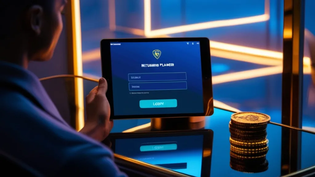 Returning player using a tablet to access a casino login page in a dark neon room