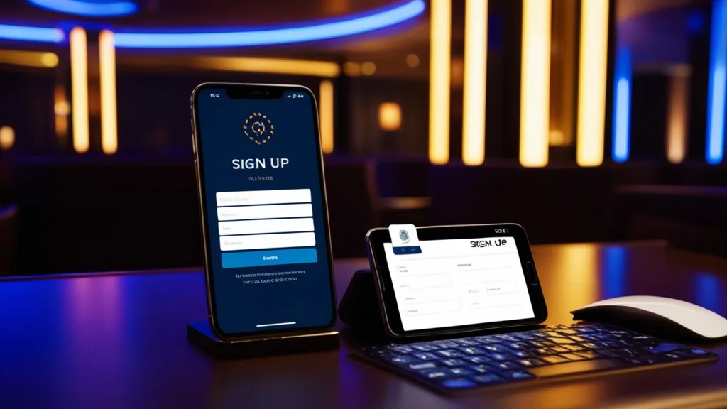 Registration form with account details and ID check in a dark casino lounge